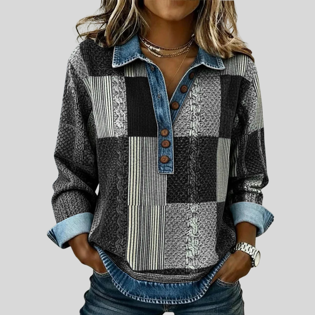 Nina - Colorblock Trui met Print