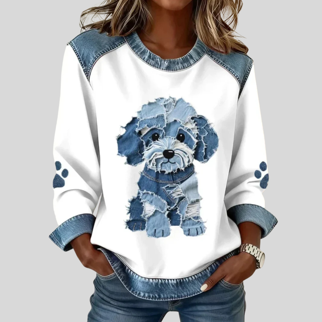 Tess - Denim Top met Hondenprint
