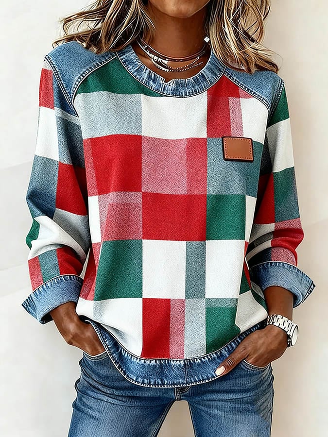 Dames Casual Ronde Hals Denim Patchwork Pullover Sweatshirt