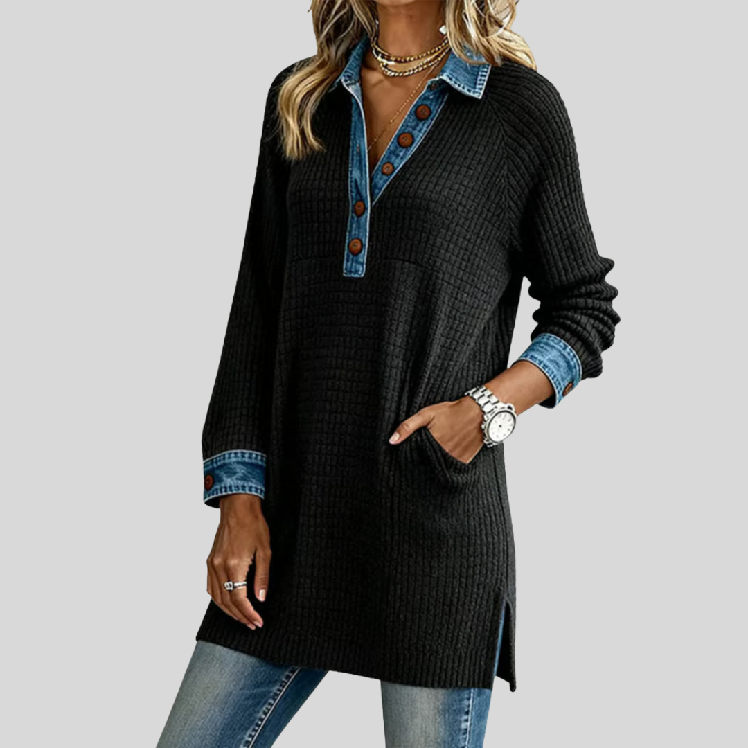 Monique - Lange Top met Geribde Denim Look