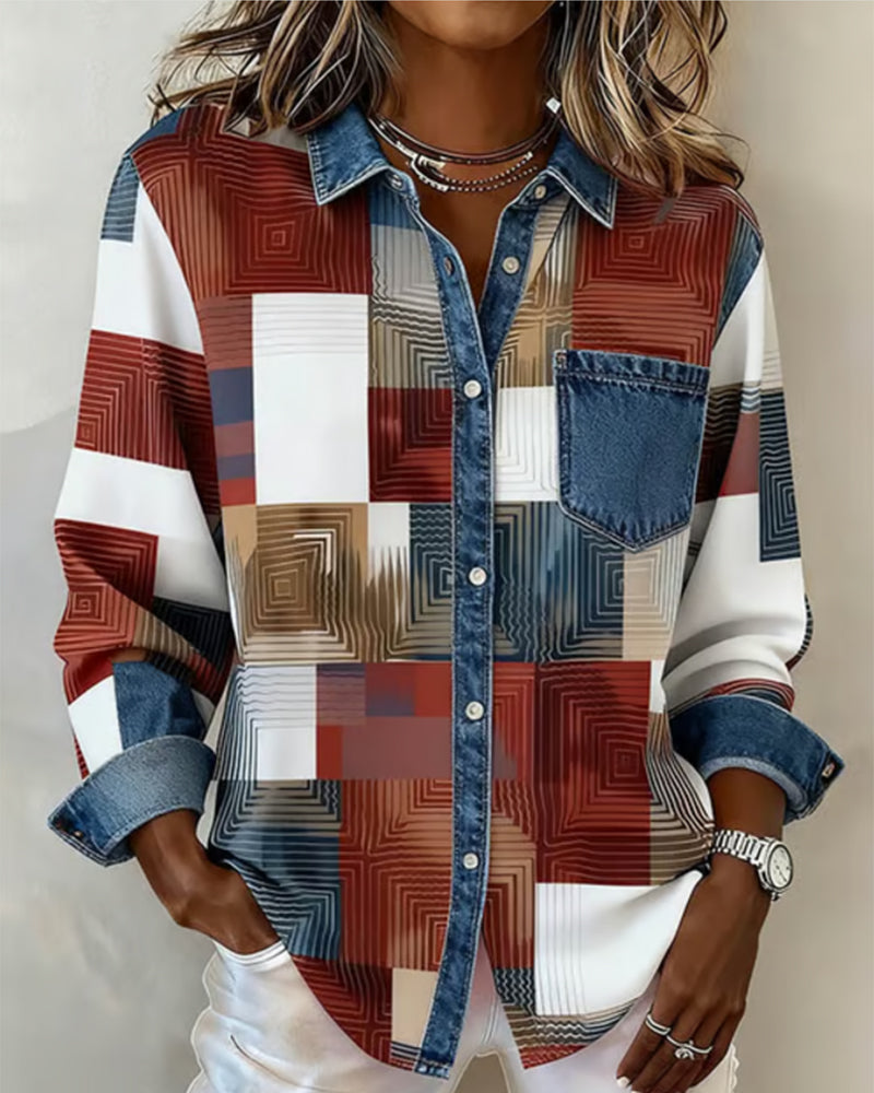 Kleurblok Shirt met Modieuze Kraag