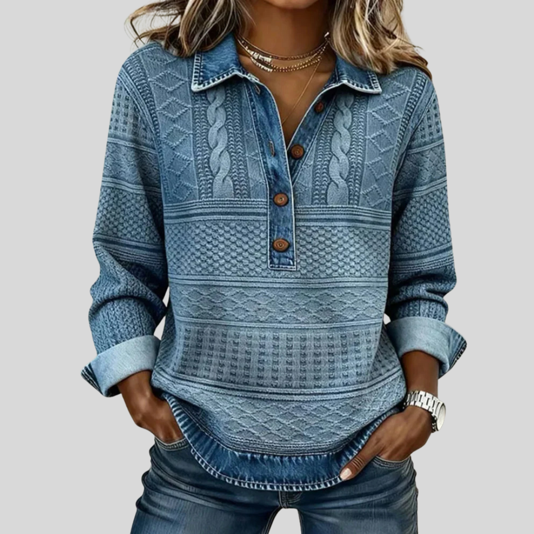 Roos - Gebreide Top met Kraag en Knopen