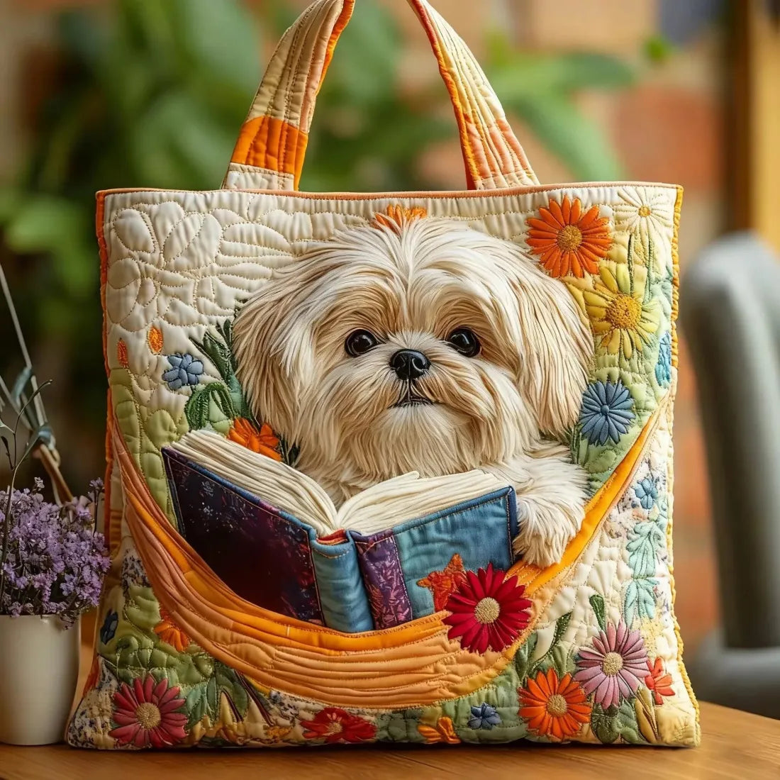 Gewatteerde Tas Shih Tzu met Boek en Bloemen