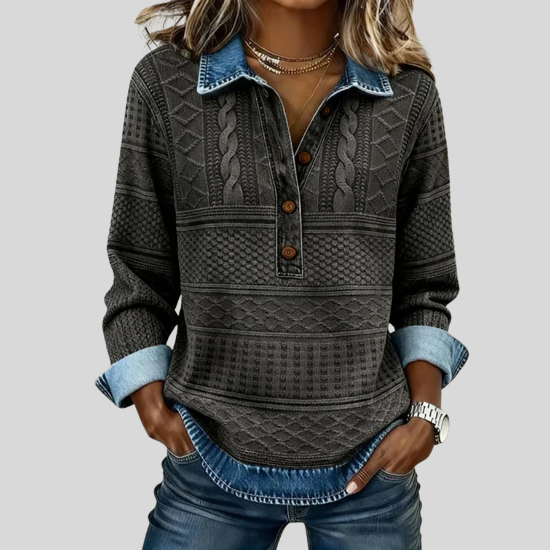 Roos - Gebreide Top met Kraag en Knopen