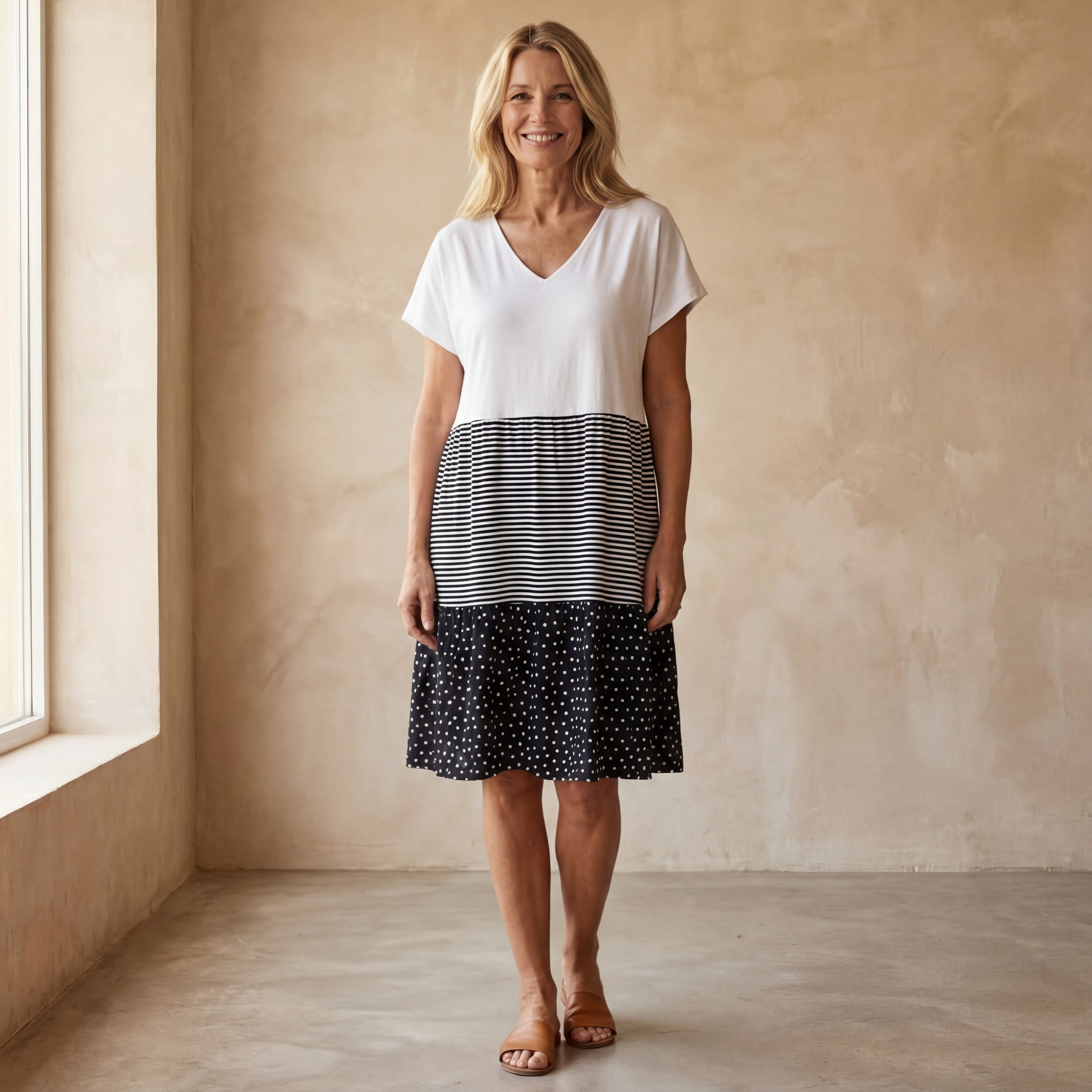 Carmen - Jurk met Strepen- en Stippenprint