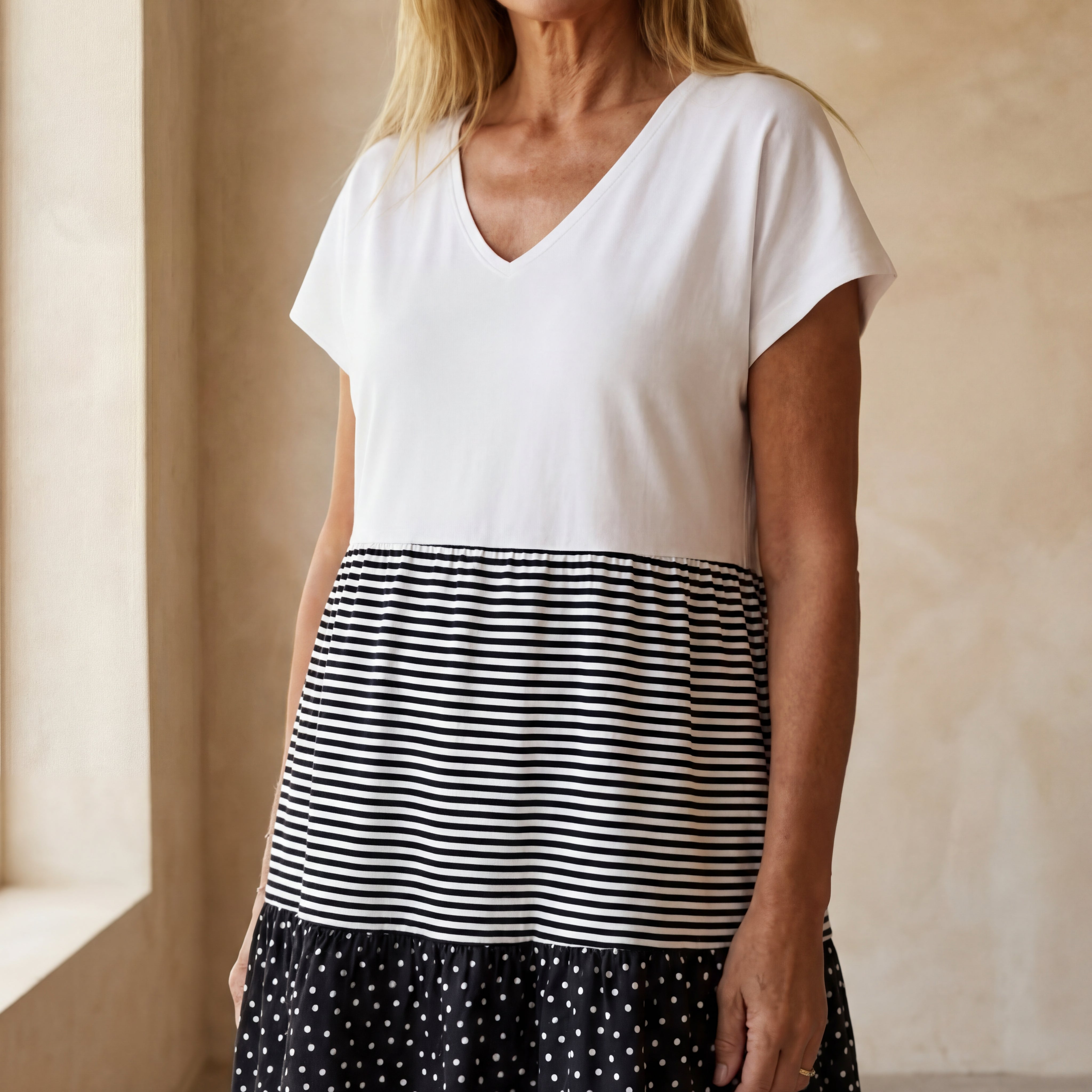 Carmen - Jurk met Strepen- en Stippenprint