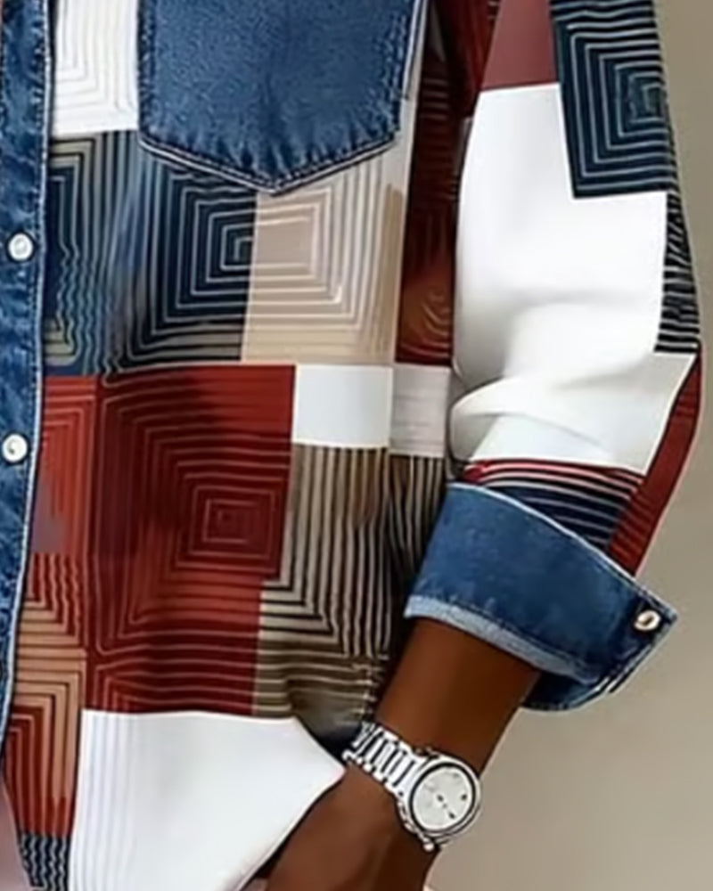 Kleurblok Shirt met Modieuze Kraag